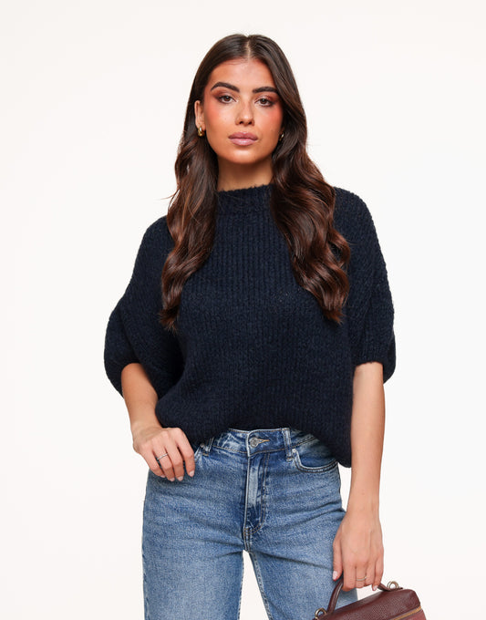 Navy Knitted Wool 3/4 Sleeves - Sweater