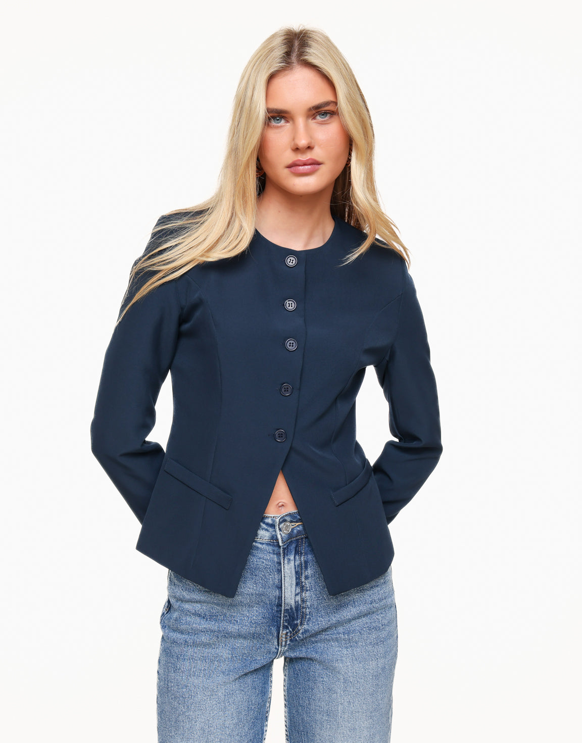 Navy Hoge Knopen LS - Top