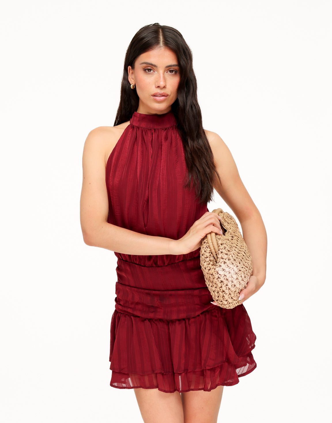KLEDING-RODE-GESTREEPTE-HALTER-RUFFEL-JURK-0