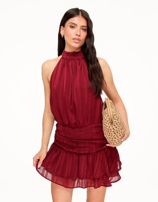 KLEDING-RODE-GESTREEPTE-HALTER-RUFFEL-JURK