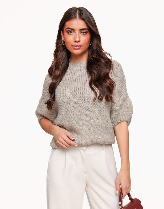 Taupe Wool Knitted 3/4 Sleeves - Sweater