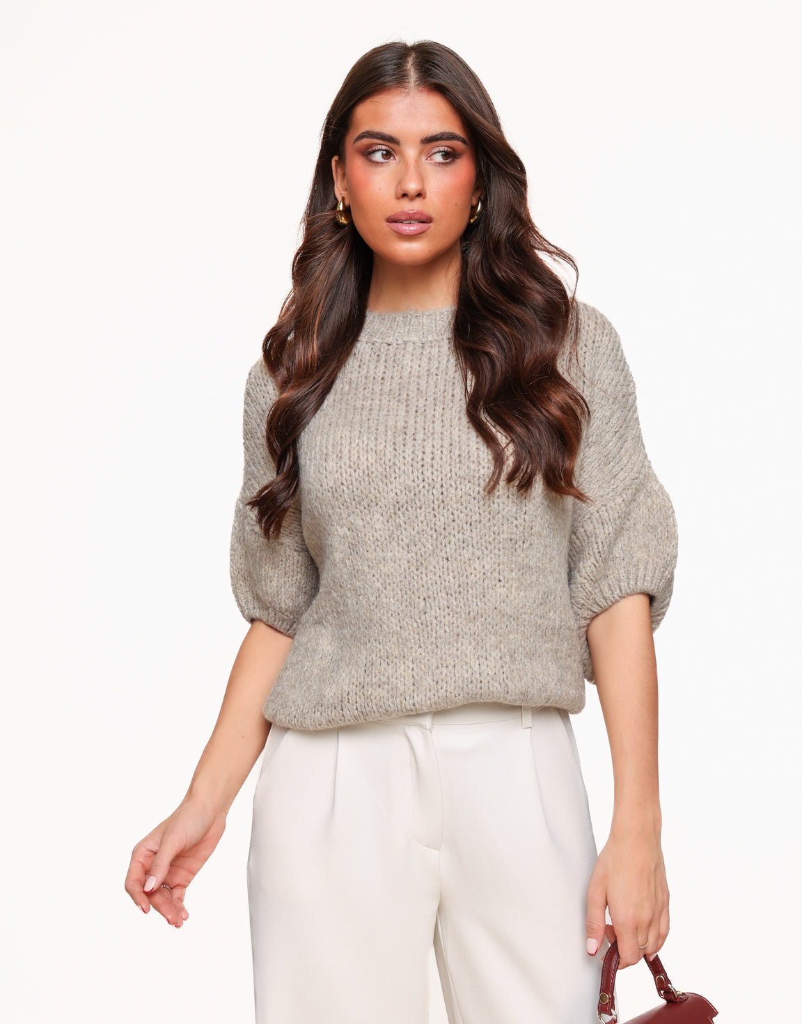 Taupe Wool Knitted 3/4 Sleeves - Sweater