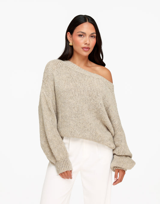 KLEDING-TAUPE-GEBREIDE-WOLLEN-GEBREIDE-OFF-SHOULDER-TRUI-VOORAANZICHT