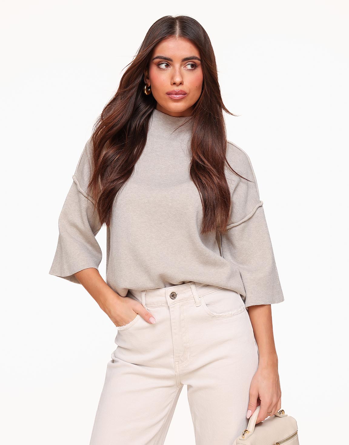 Taupe Basic High Neck 3/4 Sleeves - Top