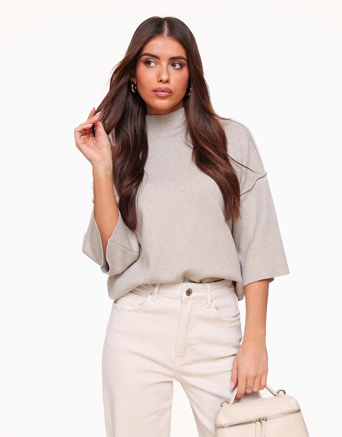 Taupe Basic High Neck 3/4 Sleeves - Top