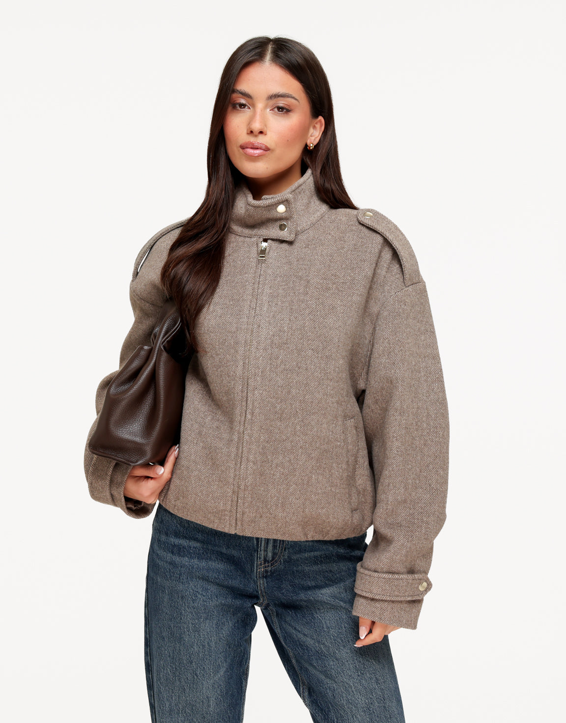 Taupe Puffy Mouw Details Elastische Onderkant - Jas
