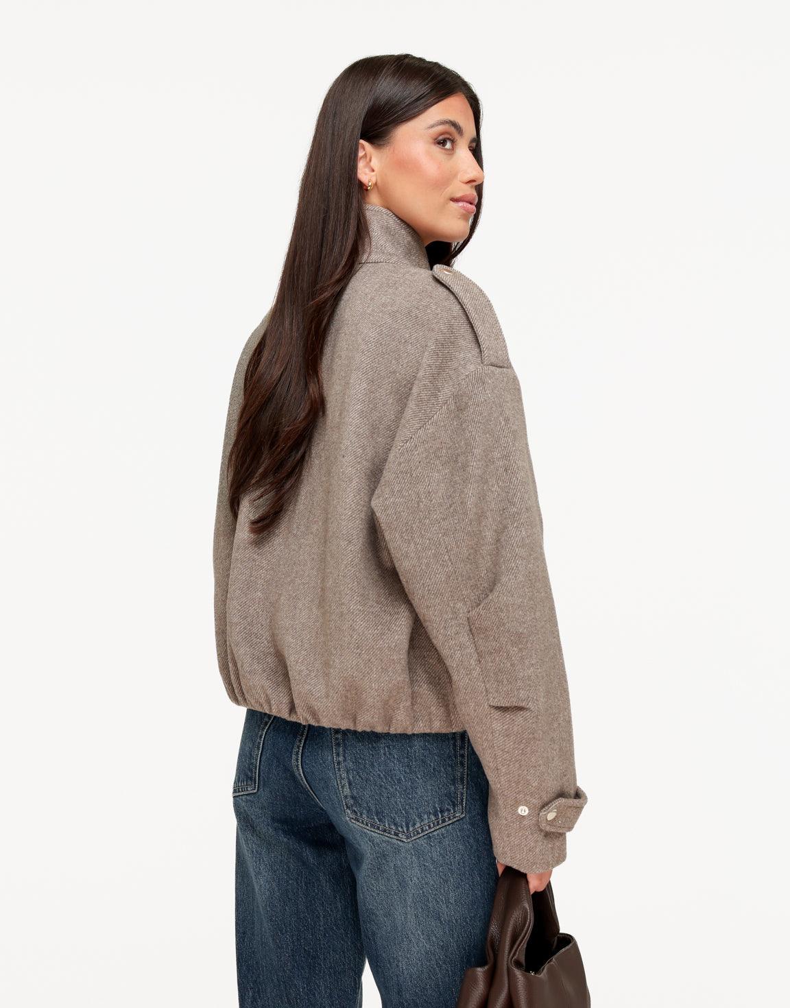 Taupe Puffy Mouw Details Elastische Onderkant - Jas