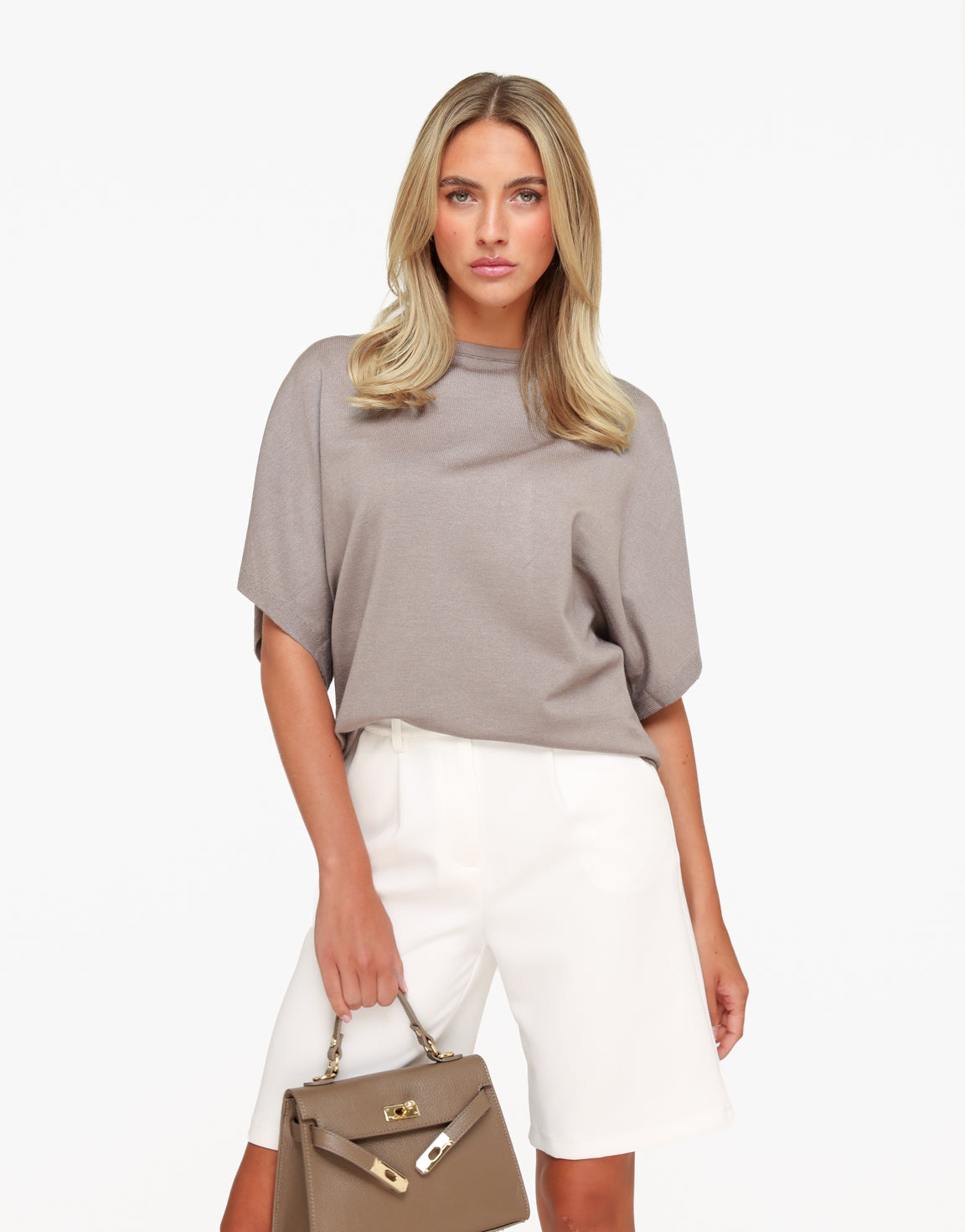 Taupe Gebreide Wijde Mouwen SS - Top
