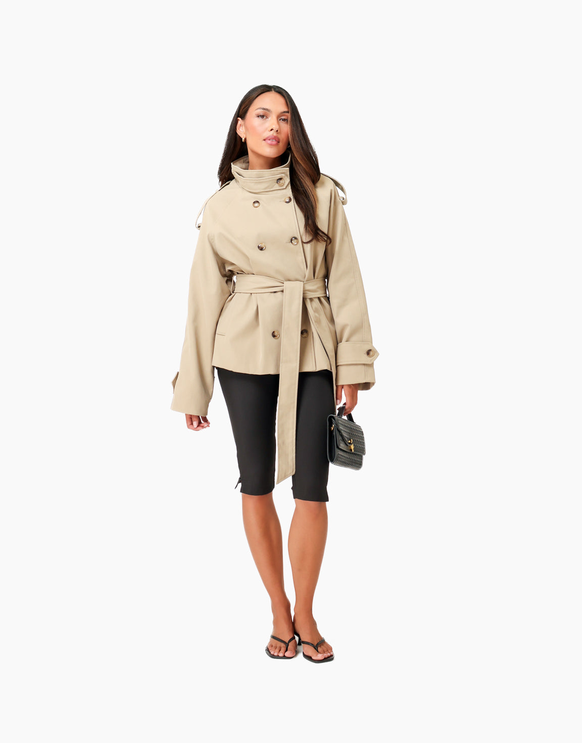 Beige Hoge Kraag Gestrikte Ceintuur Trench - Jas