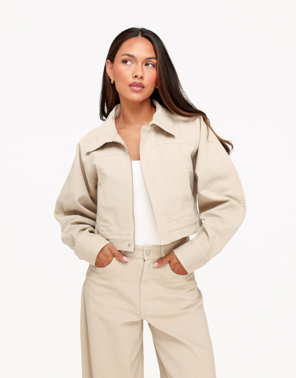 Beige Denim Ballonmouwen Cropped - jas
