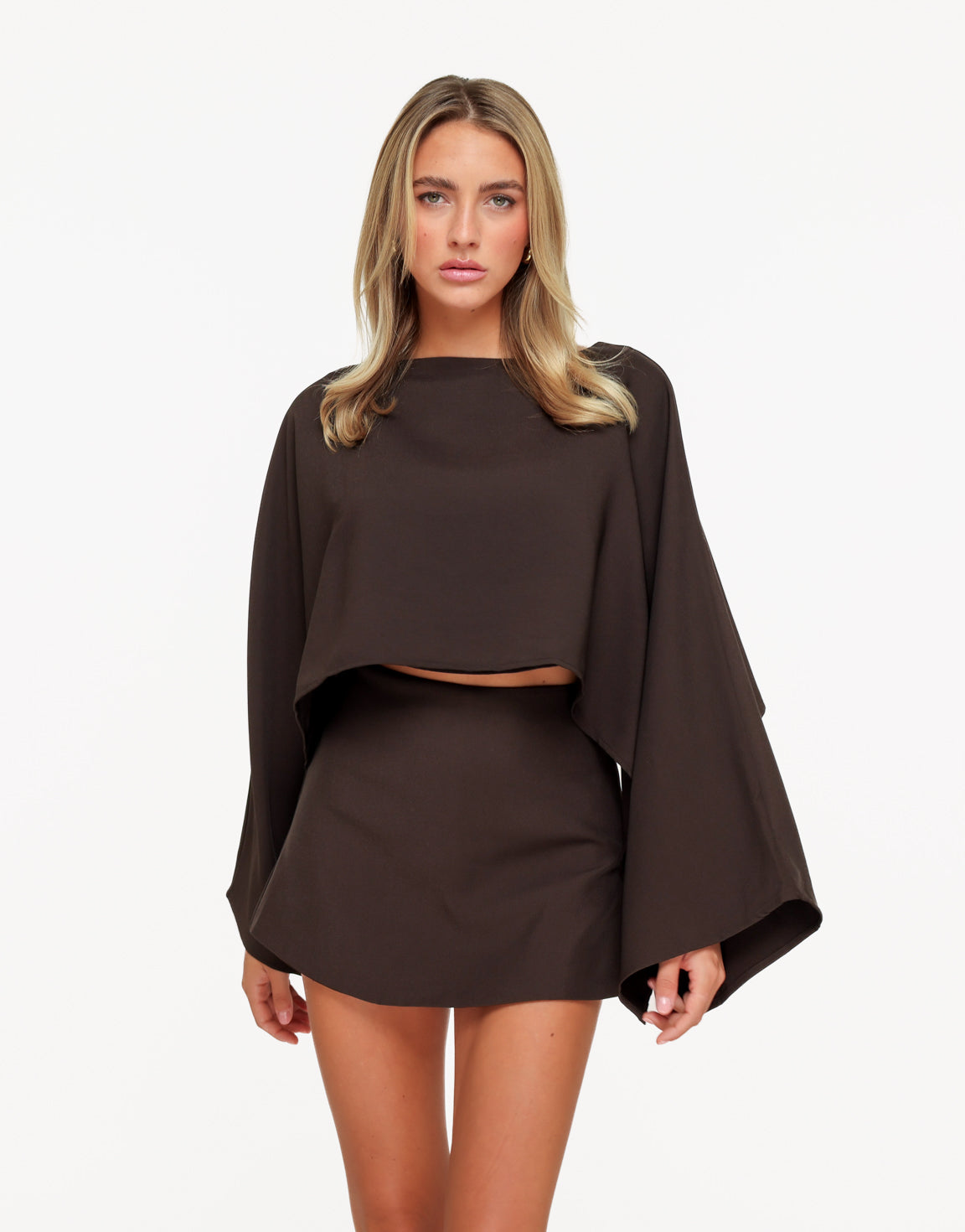 Bruine Cropped Cape Mouwen Petite - Set