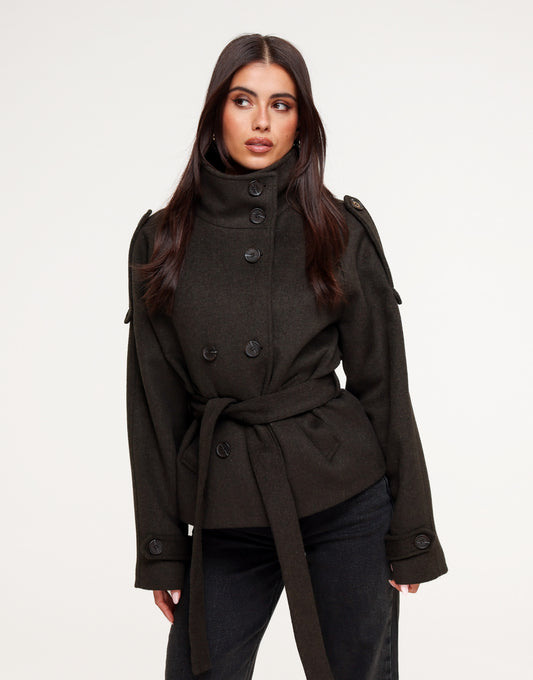 Donkerbruine Premium Korte Wollen Trench - Jas