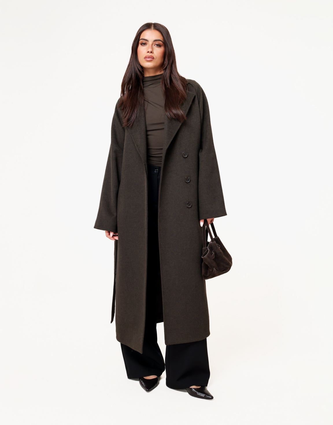 Donkerbruine  Premium Lange Wollen Ceintuur - Jas