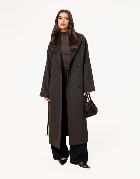 Donkerbruine  Premium Lange Wollen Ceintuur - Jas