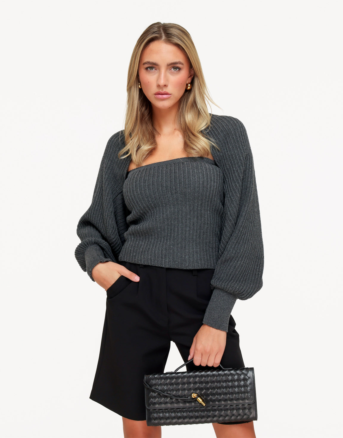 Donkergrijze Gebreide Cropped - Vest