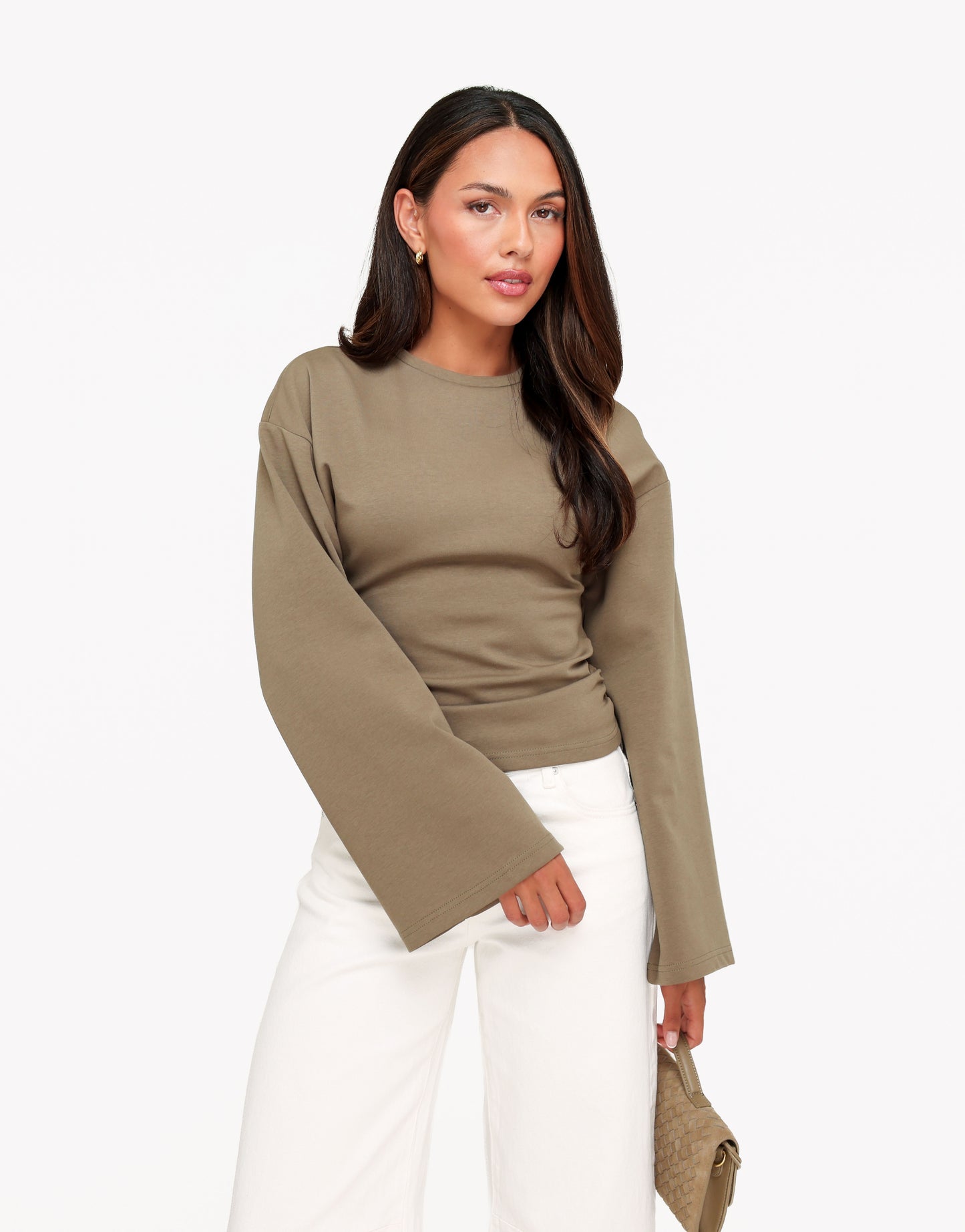 Khaki Getailleerde Wijde Mouwen LS - Top