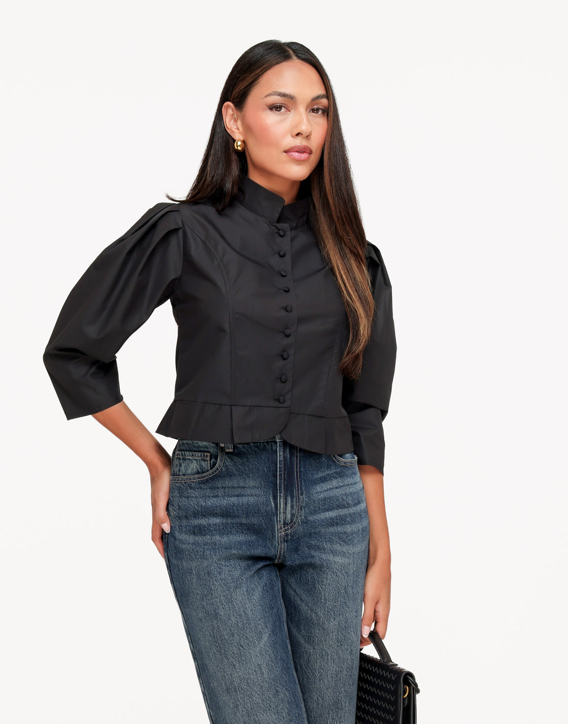 Zwarte Pofmouwen Knoopjes LS - Blouse