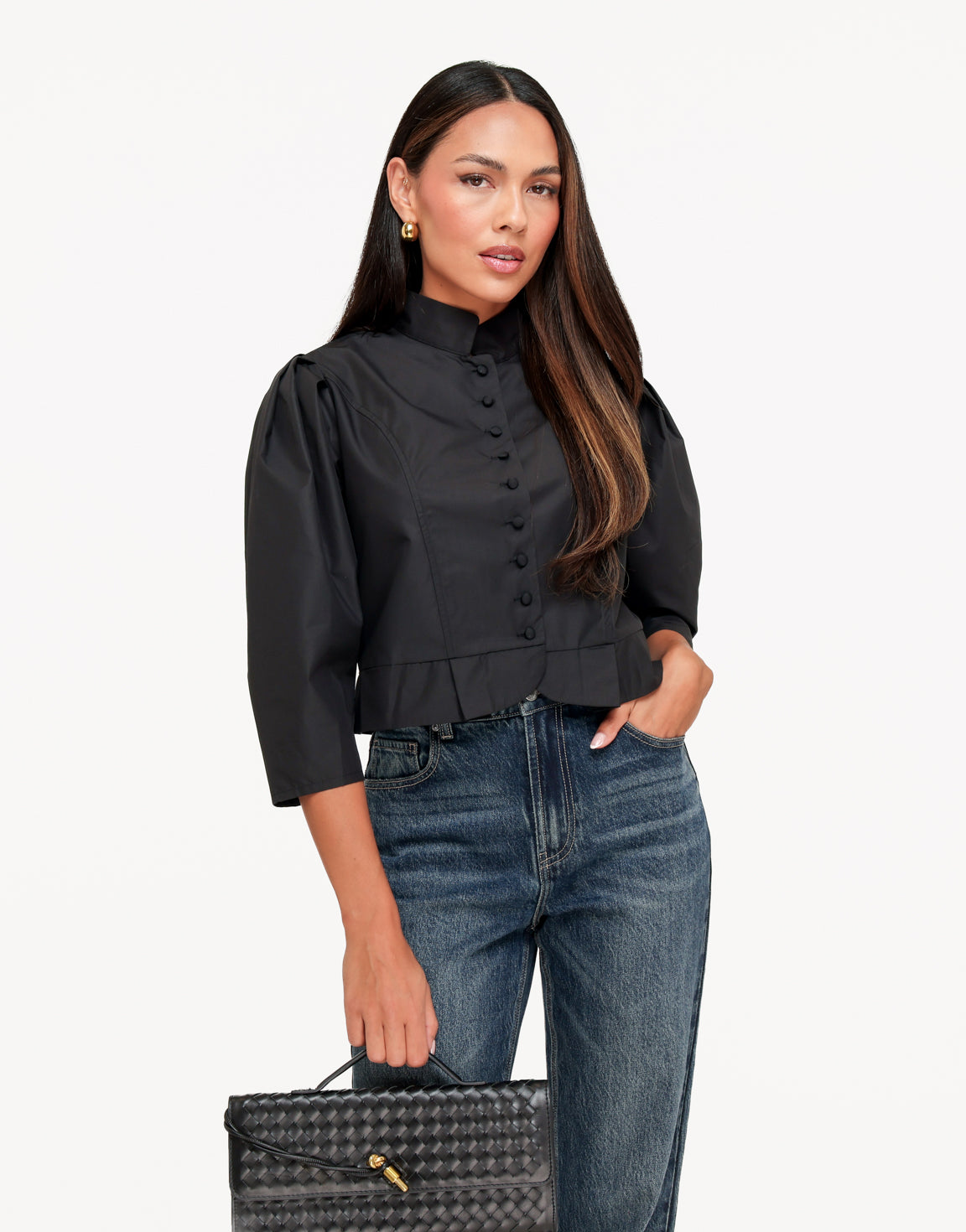Zwarte Pofmouwen Knoopjes LS - Blouse