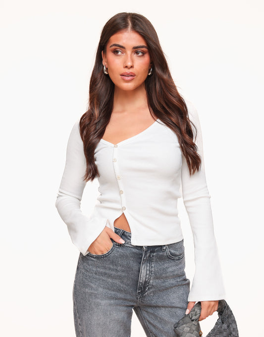 White Slanted Buttons LS - Top