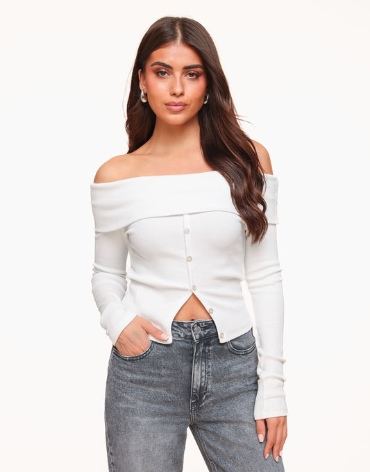 Witte Off Shoulder Knopen LS - Top