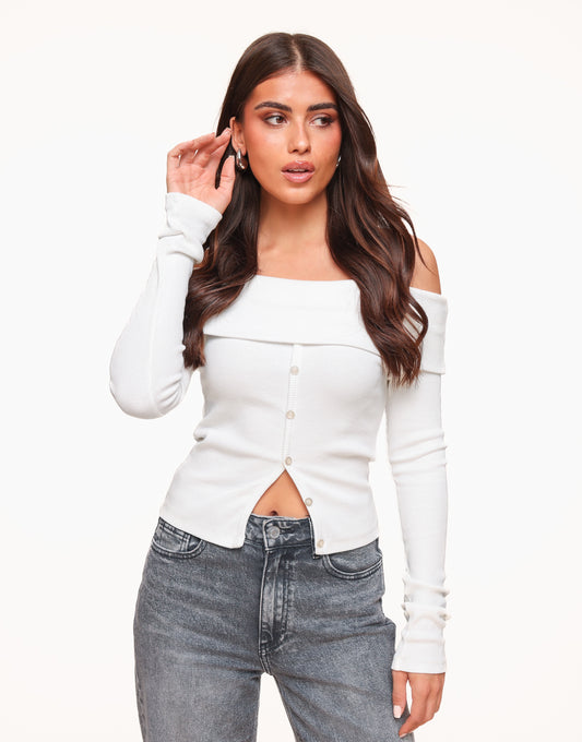 White Off Shoulder Buttons LS - Top