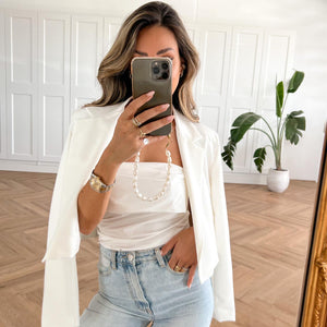 KLEDING-WITTE-STRAPLESS-BLOUSE-TOP-WITTE-CROPPED-BLAZER-WITTE-STRAPLESS-BANDEAU-TOP
