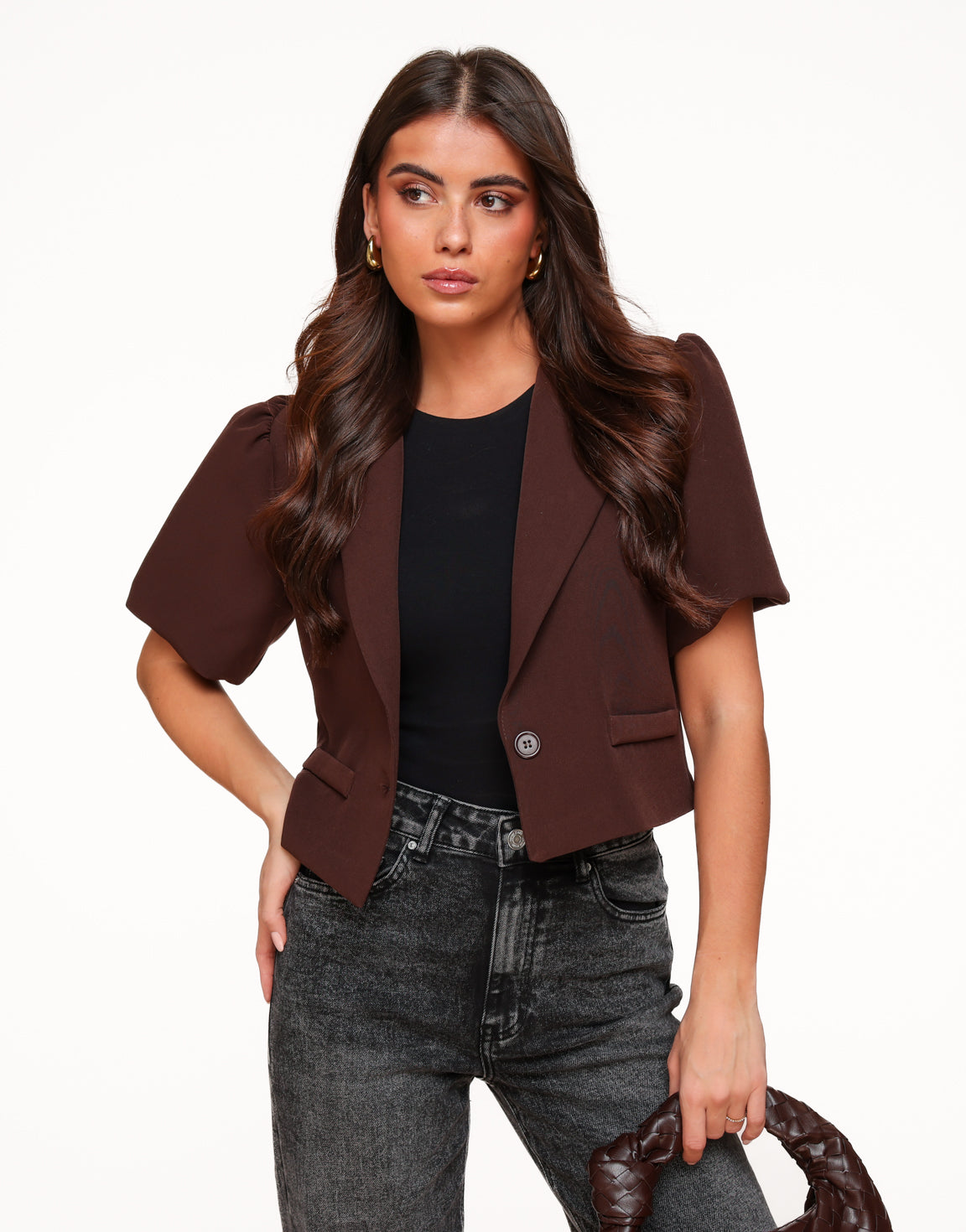 Bruine Cropped Pofmouwen - Blazer