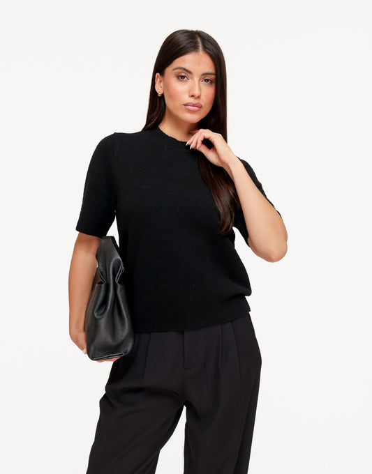 KLEDING-ZWARTE-GEBREIDE-KORTE-MOUWEN-TOP