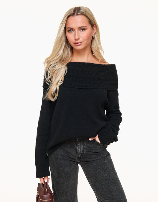 Black Knitted Off Shoulder - Sweater