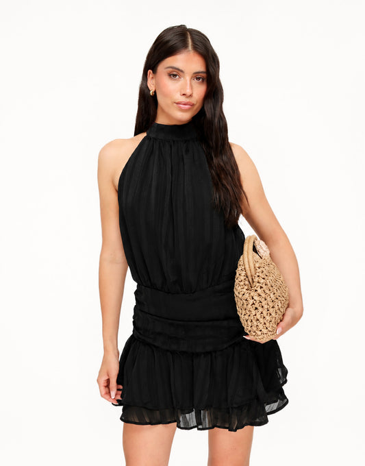 Zwarte Gestreepte Halter Ruffel - Jurk