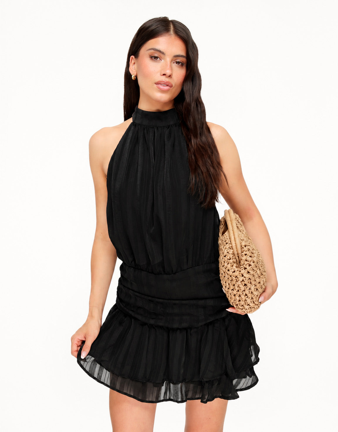Zwarte Gestreepte Halter Ruffel - Jurk