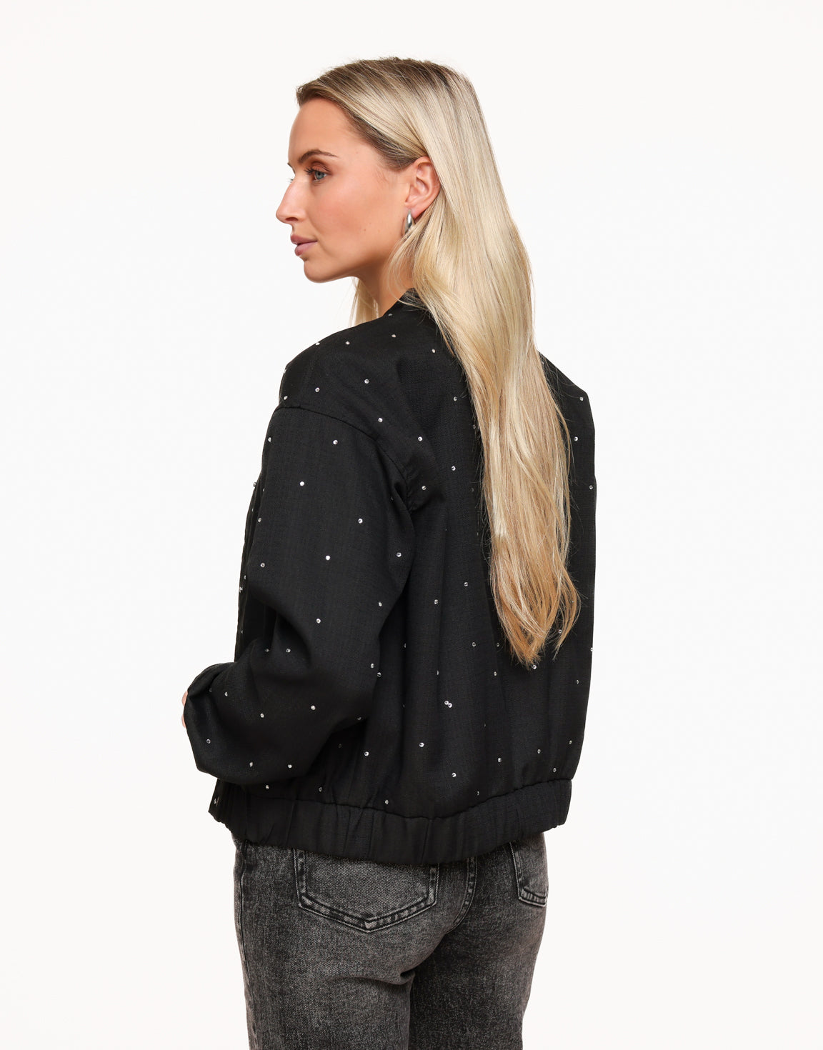 Zwarte Glitter Stenen Dunne Bomber - Jas