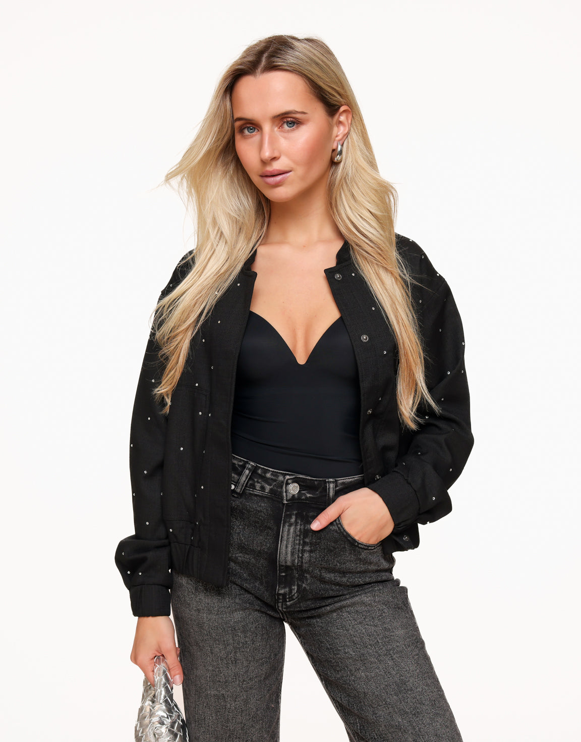 Zwarte Glitter Stenen Dunne Bomber - Jas