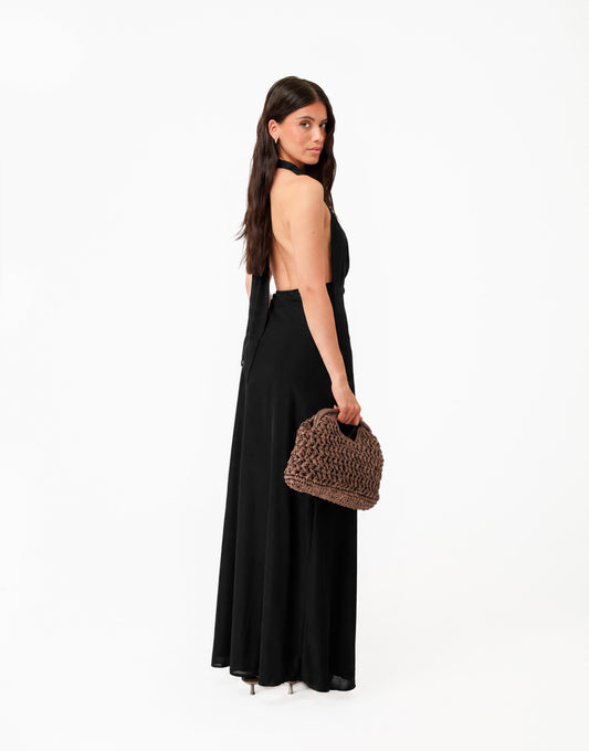 Zwarte Open Halter Lange - Jurk