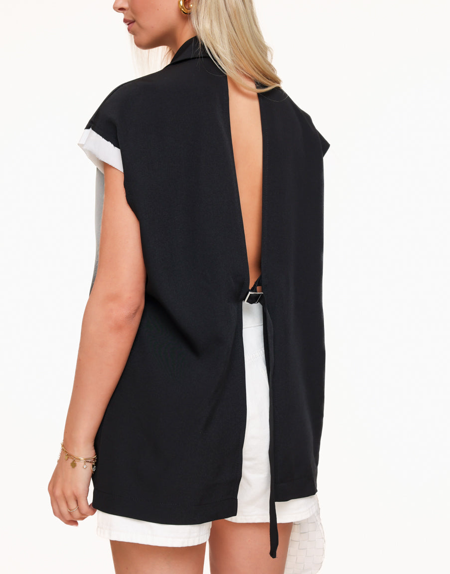 Black Open Back Sleeveless Blazer - Gilet