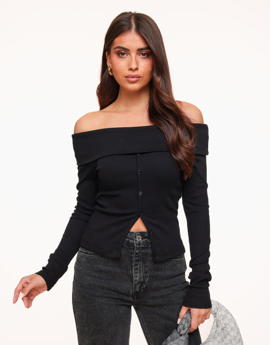 Black Off Shoulder Button LS - Top