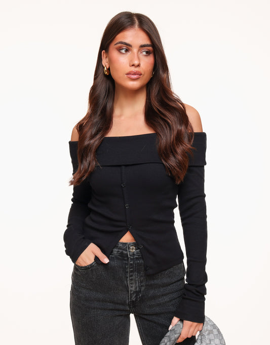 Black Off Shoulder Button LS - Top