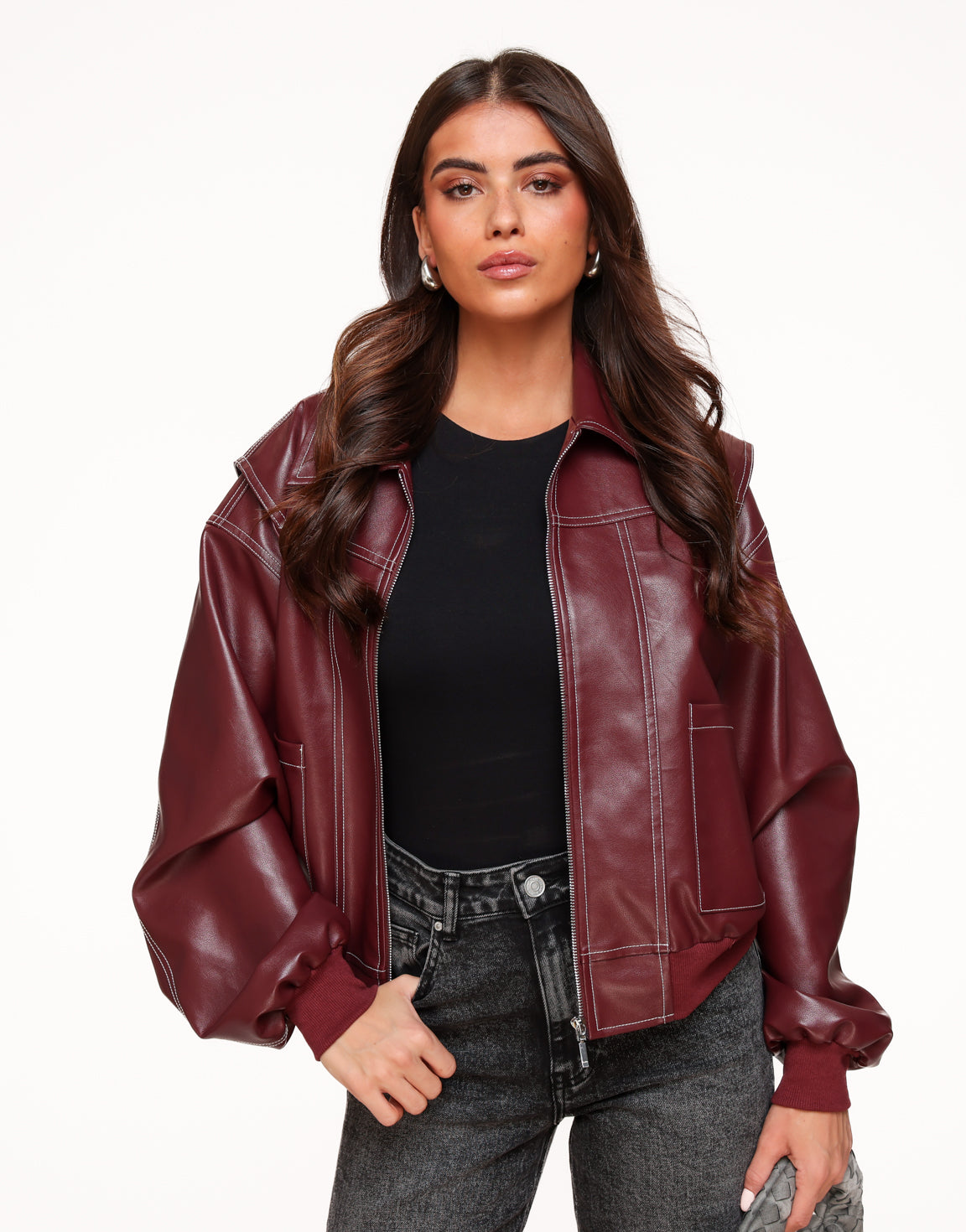 Burgundy Red PU Leather Wide - Jacket