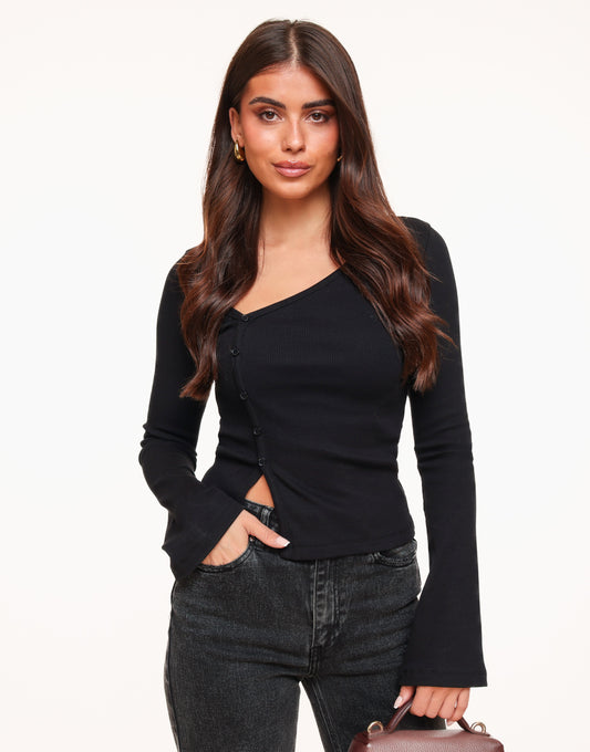 Black Slanted Buttons LS - Top