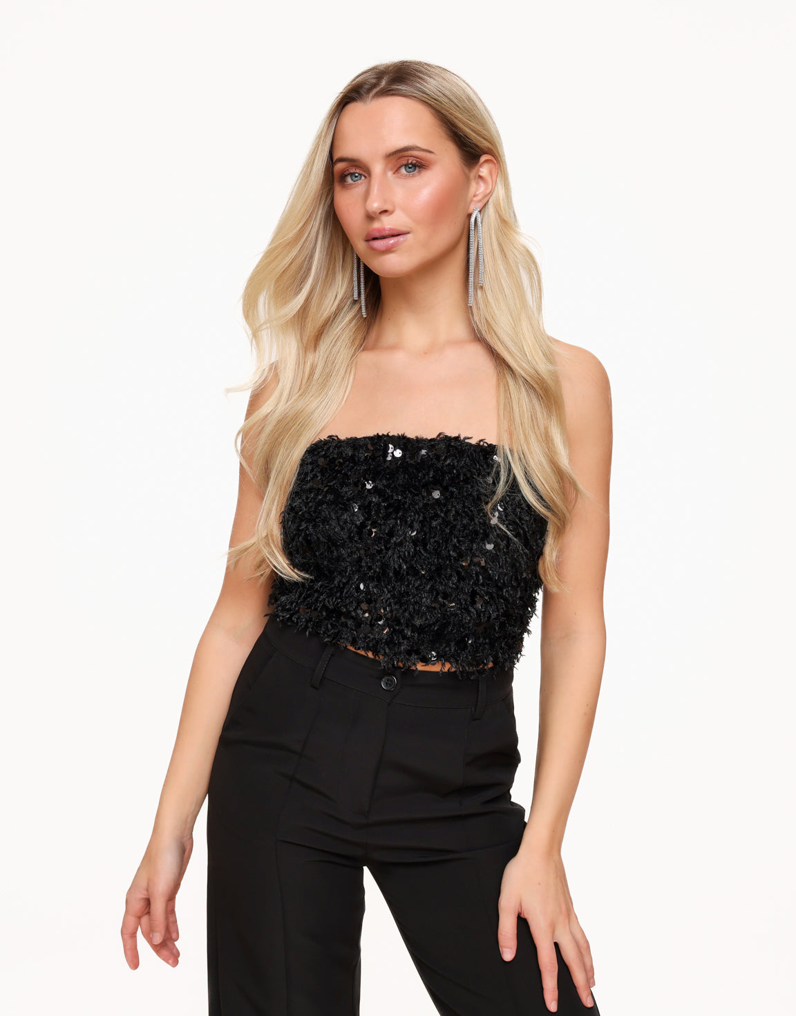 Black Strapless Feather Paillettes - Top