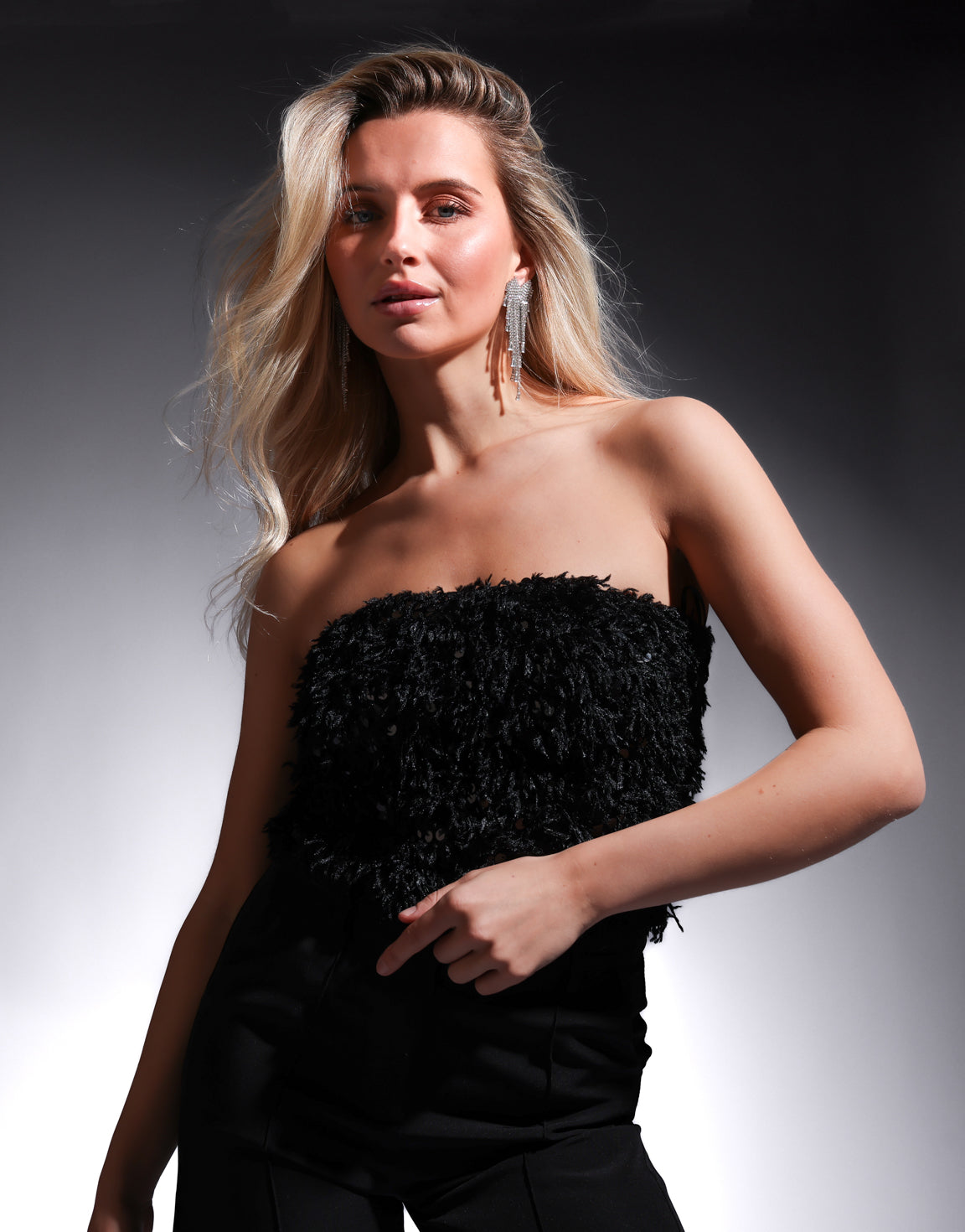 Black Strapless Feather Paillettes - Top