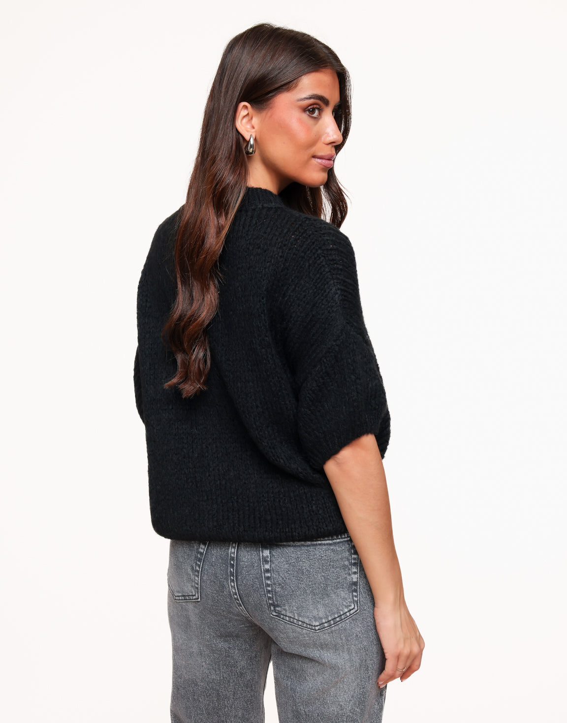 Black Knitted Wool 3/4 Sleeves - Sweater