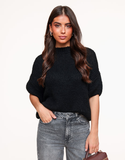 Black Knitted Wool 3/4 Sleeves - Sweater