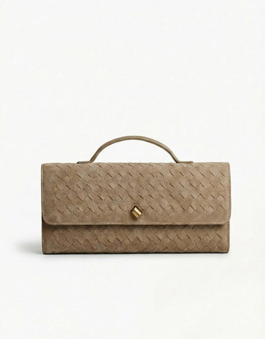 Mocha Suede Gold Detail Clutch - Bag