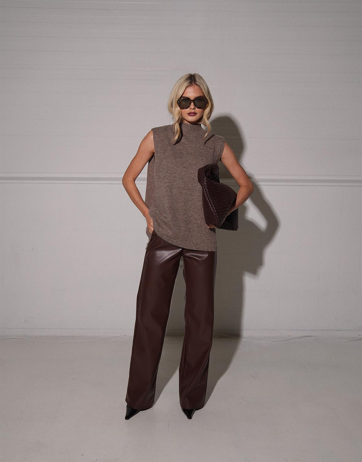 Brown PU Leather Wide - Trousers