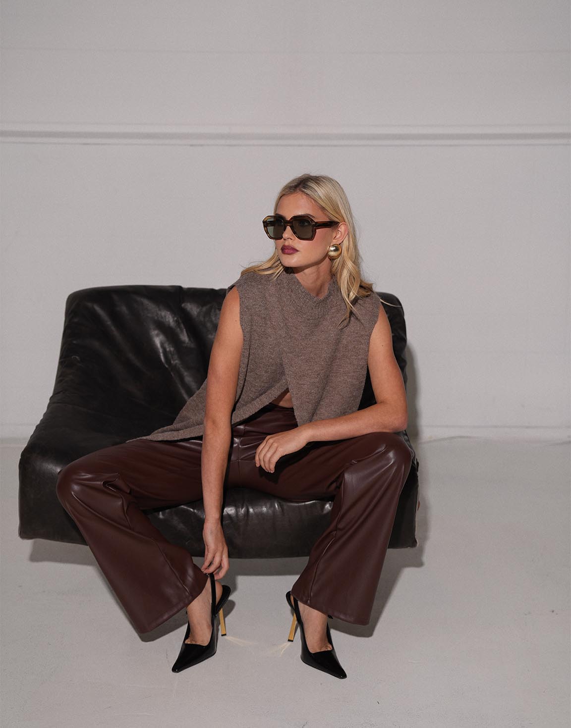 Brown PU Leather Wide - Trousers