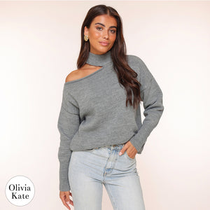 OLIVIA-KATE-NIEUW-KLEDING-COLLECTIE-MUSTHAVE-GRIJZE-ONE-SHOULDER-CHOKER-TRUI-SWEATER-BUTTON