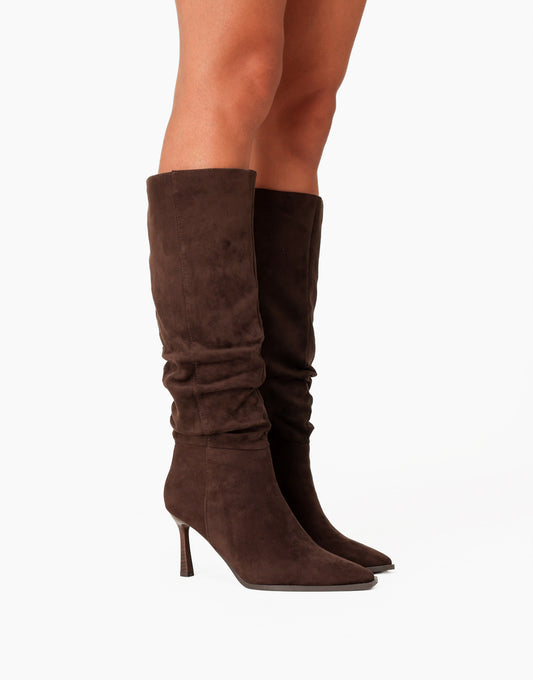 SCHOENEN-DONKERBRUINE-FAUX-SUEDE-HOGE-LAARZEN-ZIJAANZICHT