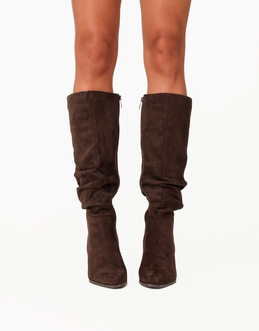 SCHOENEN-DONKERBRUINE-FAUX-SUEDE-HOGE-LAARZEN