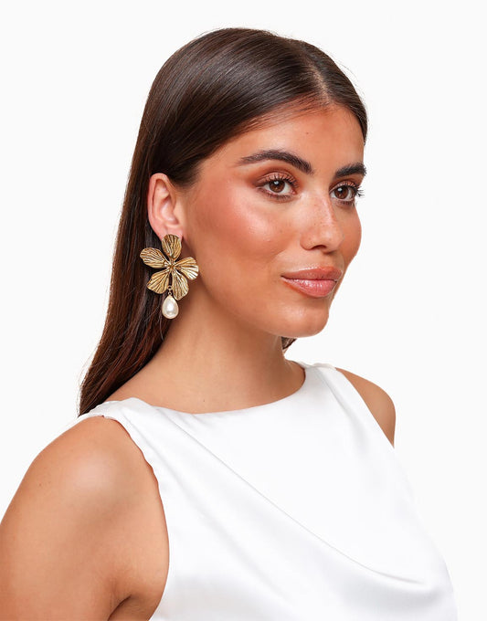 Golden Flowers Pearl - Earrings